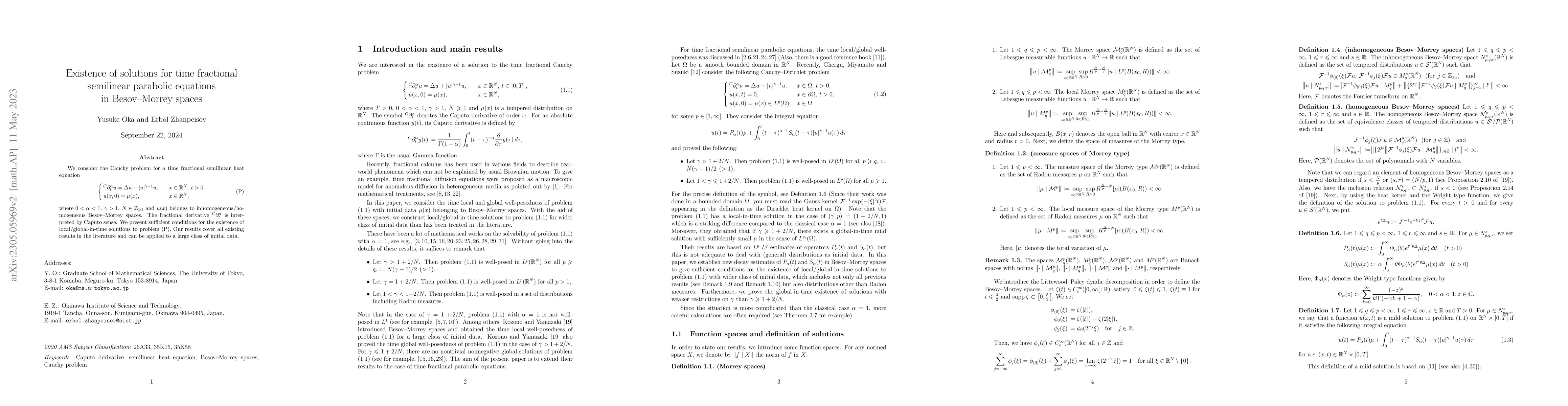 Thumbnail for Existence of solutions for time fractional semilinear parabolic
  equations in Besov--Morrey spaces