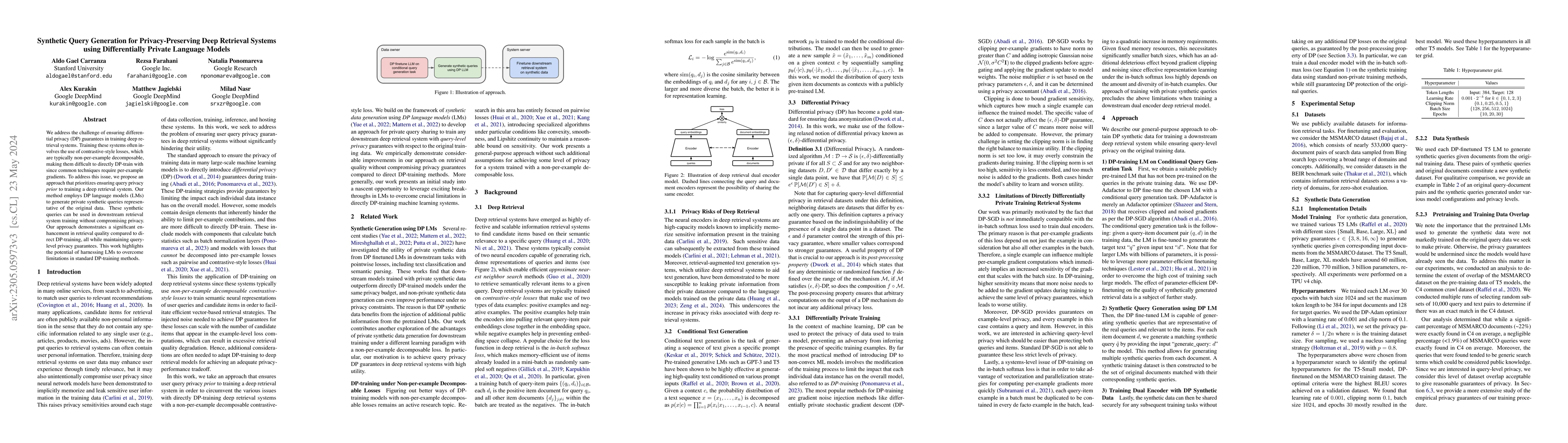 Thumbnail for Synthetic Query Generation for Privacy-Preserving Deep Retrieval Systems
  using Differentially Private Language Models