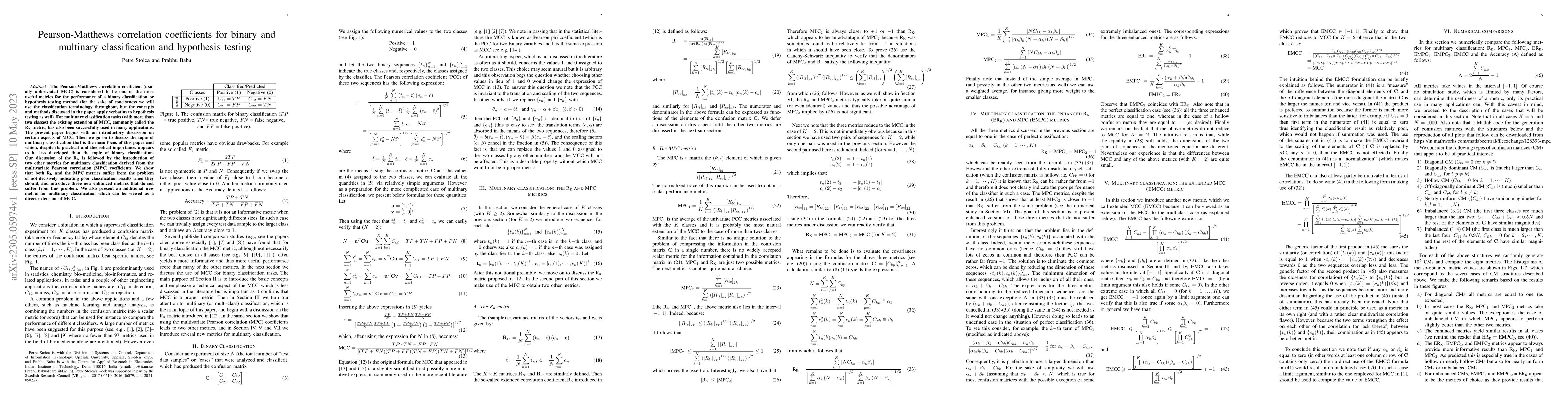 Thumbnail for Pearson-Matthews correlation coefficients for binary and multinary
  classification and hypothesis testing