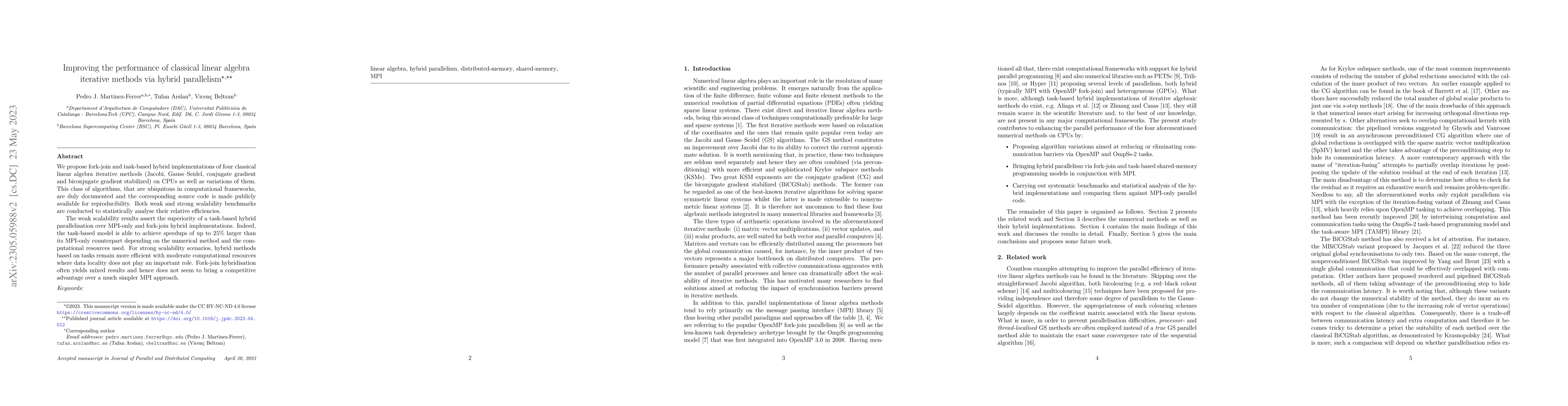 Thumbnail for Improving the performance of classical linear algebra iterative methods
  via hybrid parallelism
