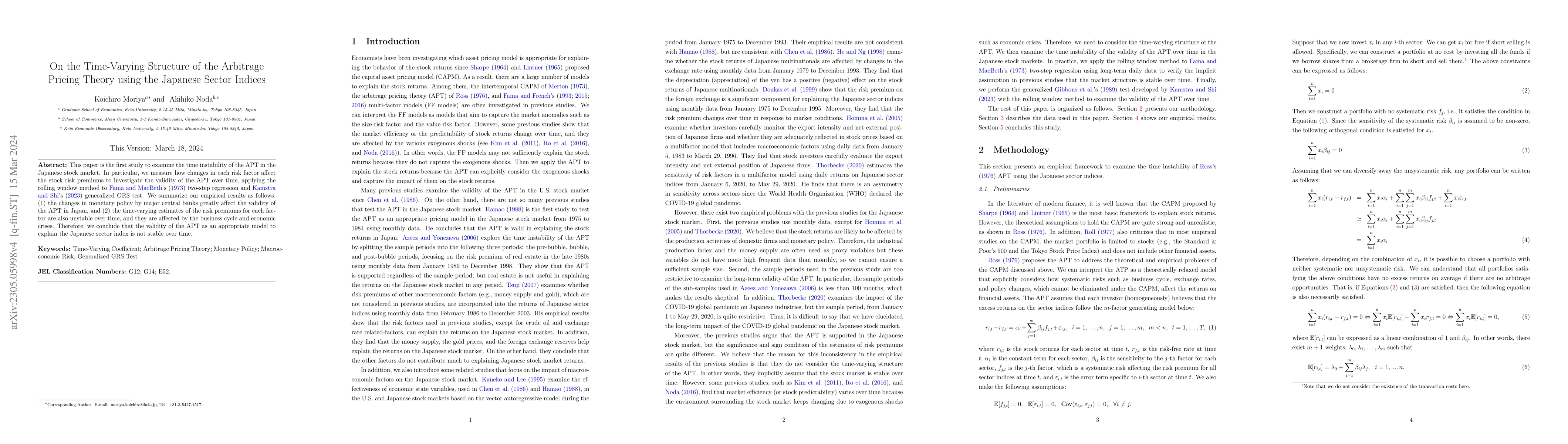 Thumbnail for On the Time-Varying Structure of the Arbitrage Pricing Theory using the
  Japanese Sector Indices