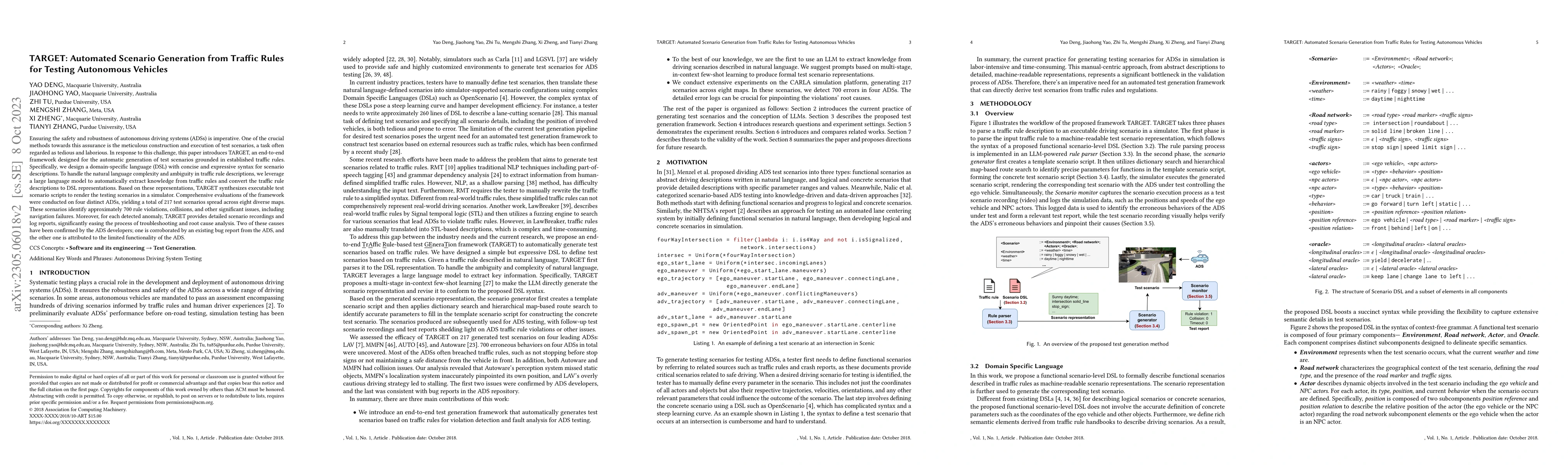 Thumbnail for TARGET: Automated Scenario Generation from Traffic Rules for Testing
  Autonomous Vehicles