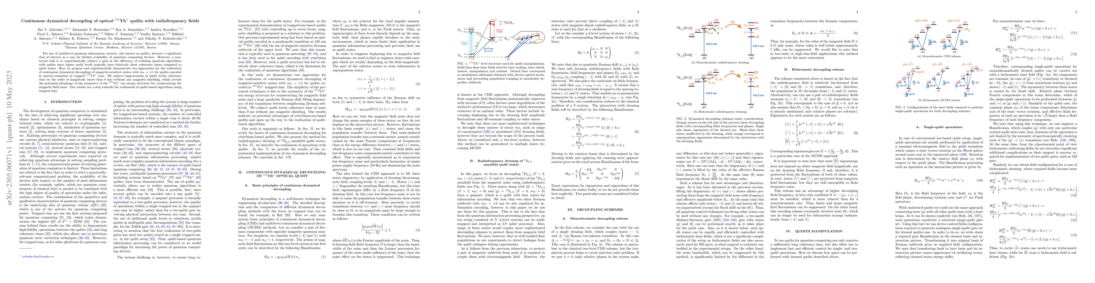 Thumbnail for Continuous dynamical decoupling of optical $^{171}$Yb$^{+}$ qudits with
  radiofrequency fields