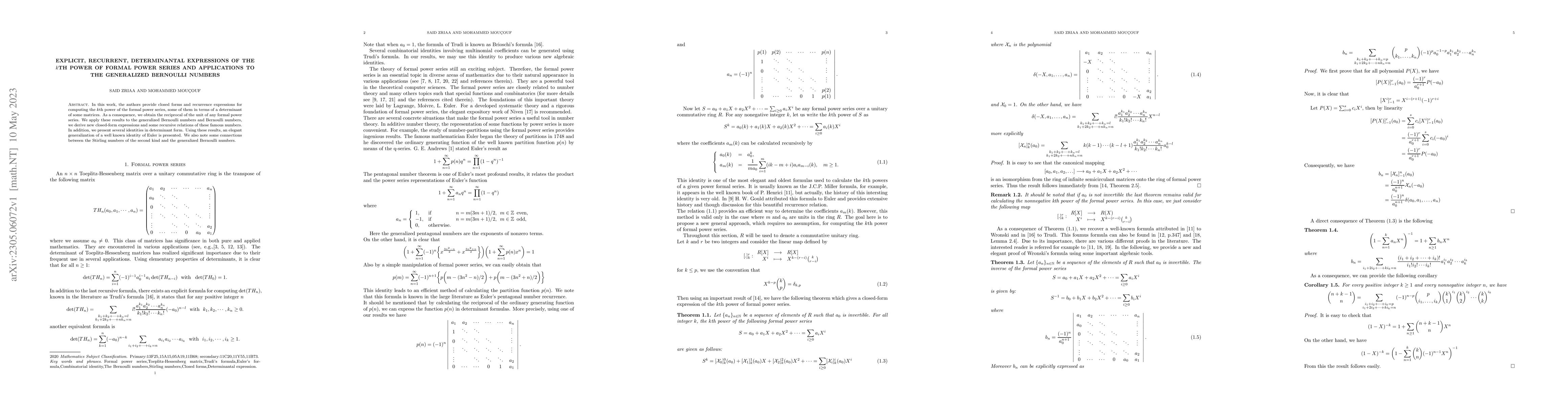 Thumbnail for Explicit, recurrent, determinantal expressions of the $k$th power of
  formal power series and applications to the generalized Bernoulli numbers