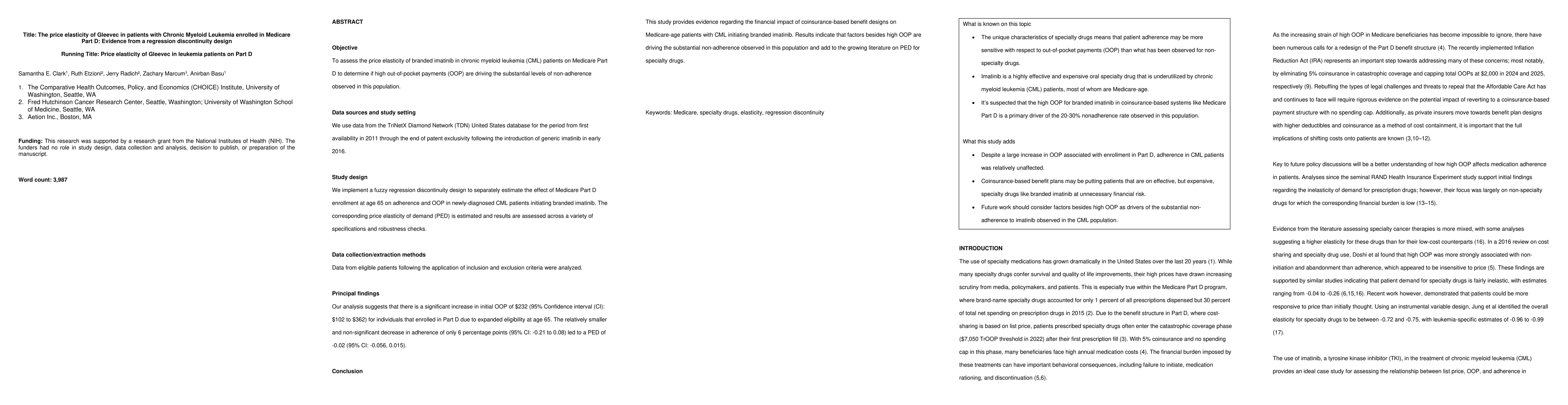 Thumbnail for The price elasticity of Gleevec in patients with Chronic Myeloid
  Leukemia enrolled in Medicare Part D: Evidence from a regression
  discontinuity design