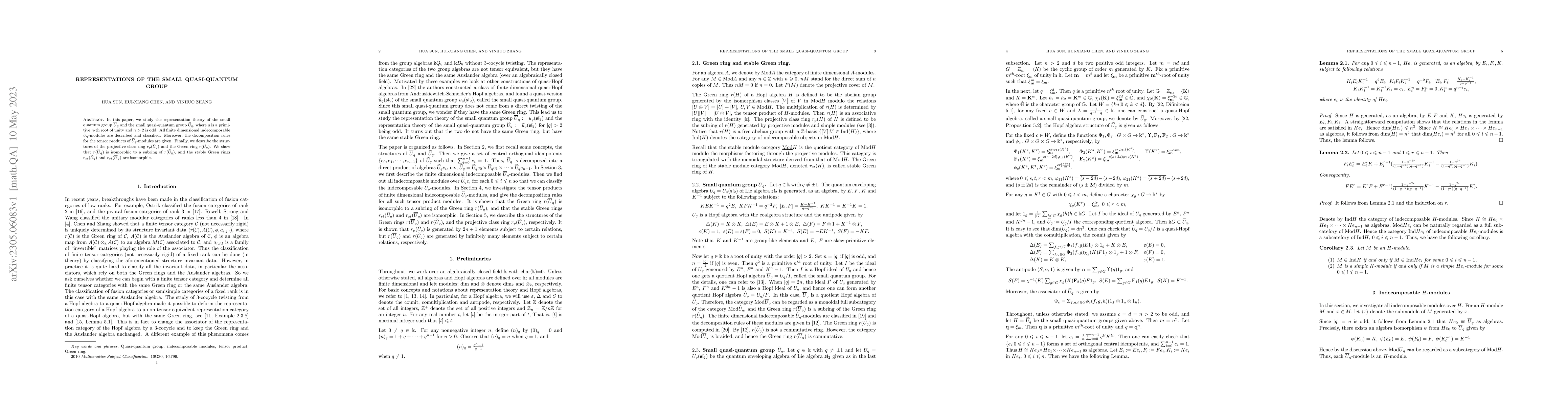 Thumbnail for Representations of the small quasi-quantum group