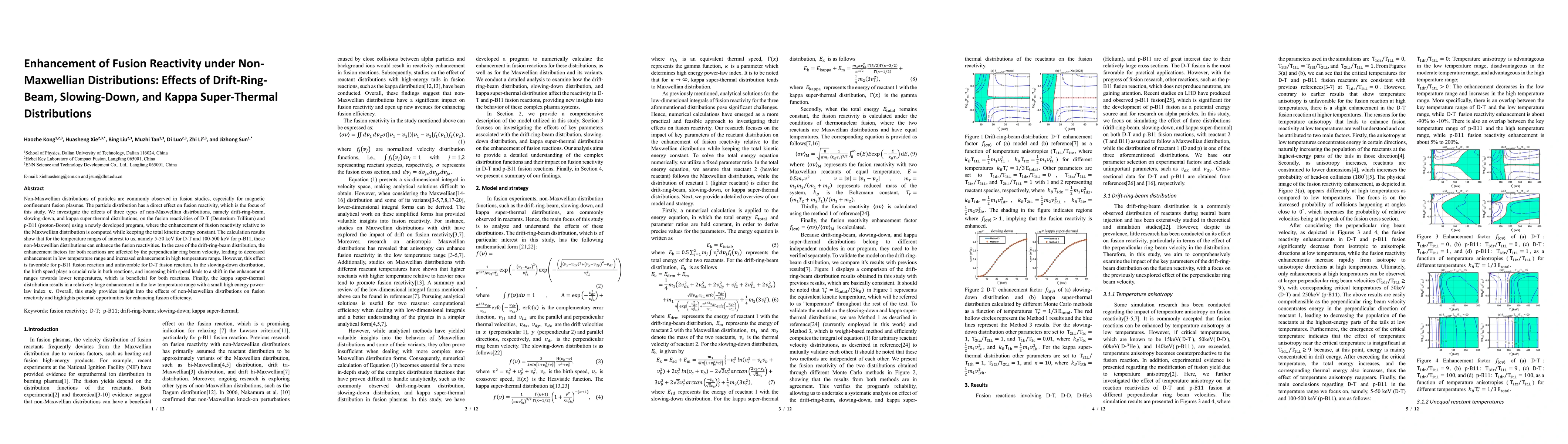 Thumbnail for Enhancement of Fusion Reactivity under Non-Maxwellian Distributions:
  Effects of Drift-Ring-Beam, Slowing-Down, and Kappa Super-Thermal
  Distributions