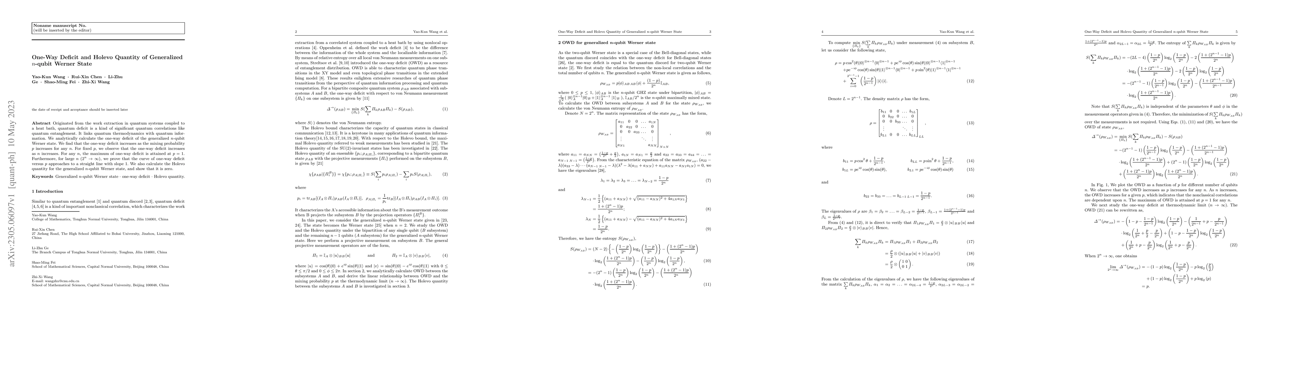 Thumbnail for One-Way Deficit and Holevo Quantity of Generalized $n$-qubit Werner
  State