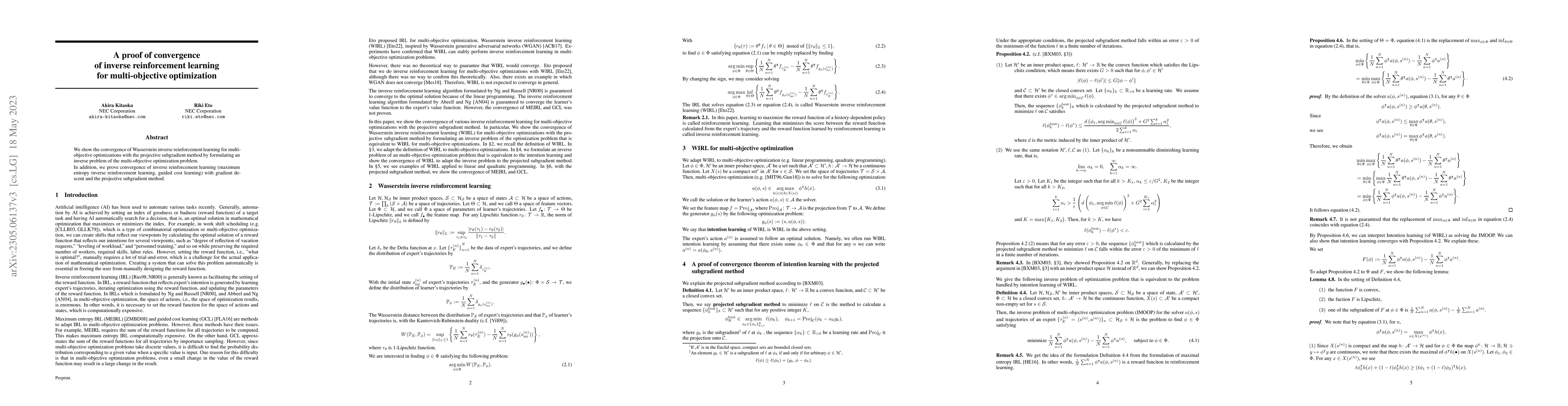 Thumbnail for A proof of convergence of inverse reinforcement learning for
  multi-objective optimization
