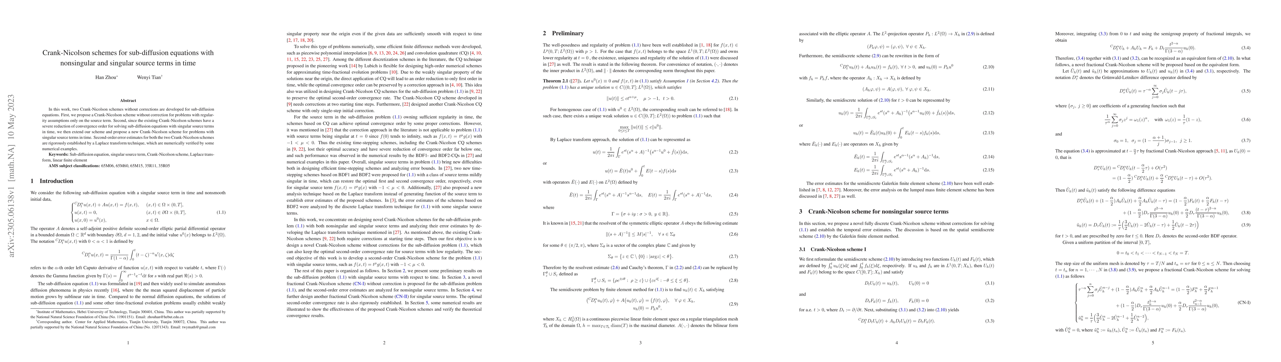 Thumbnail for Crank-Nicolson schemes for sub-diffusion equations with nonsingular and
  singular source terms in time
