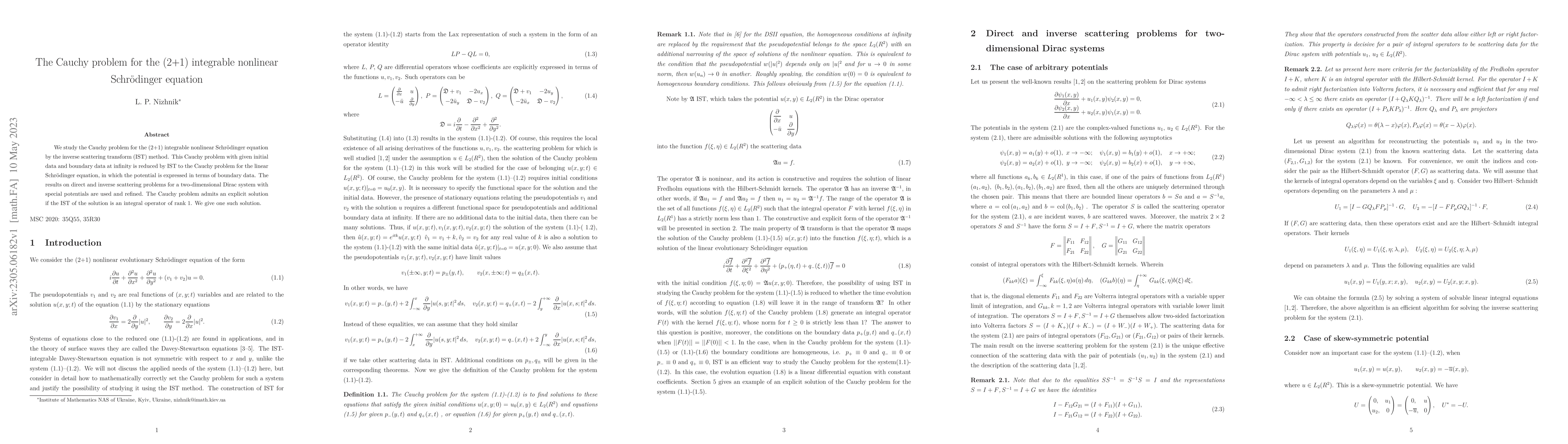 Thumbnail for The Cauchy problem for the (2+1) integrable nonlinear Schr\"odinger
  equation