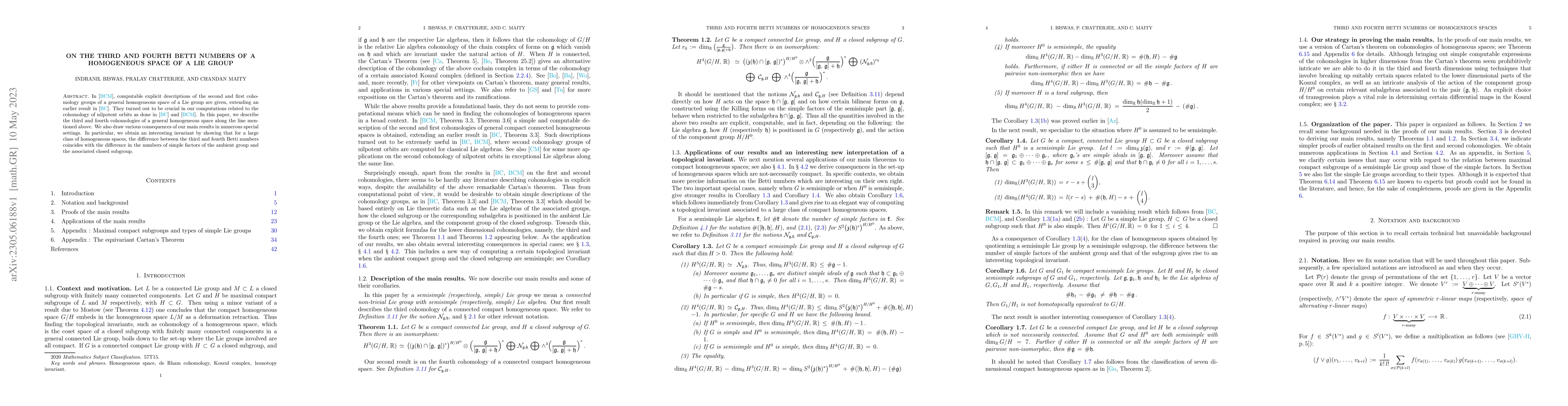 Thumbnail for On the third and fourth Betti numbers of a homogeneous space of a Lie
  group