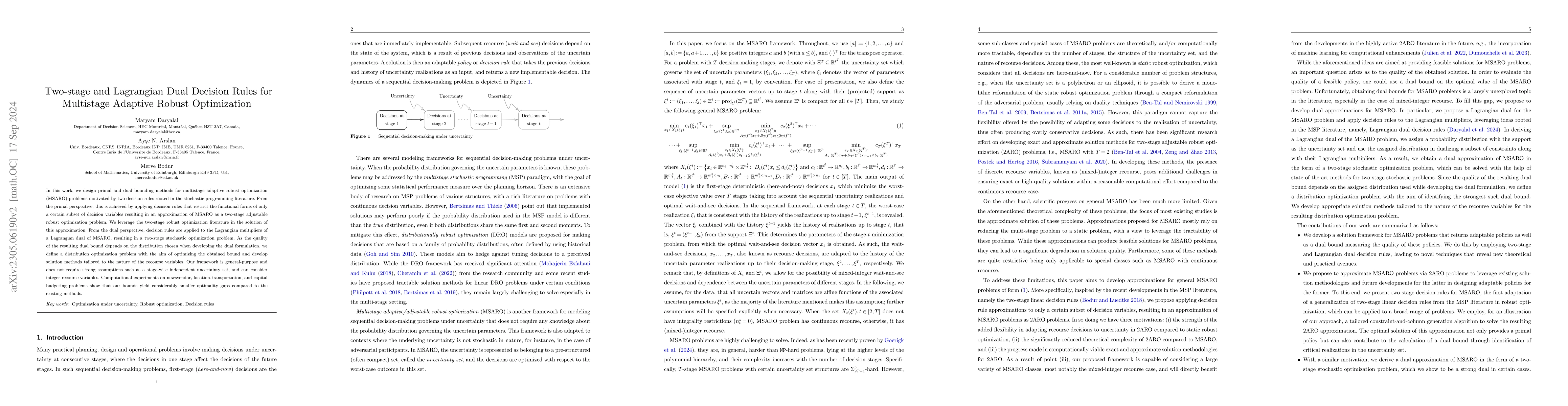 Thumbnail for Two-stage and Lagrangian Dual Decision Rules for Multistage Adaptive
  Robust Optimization