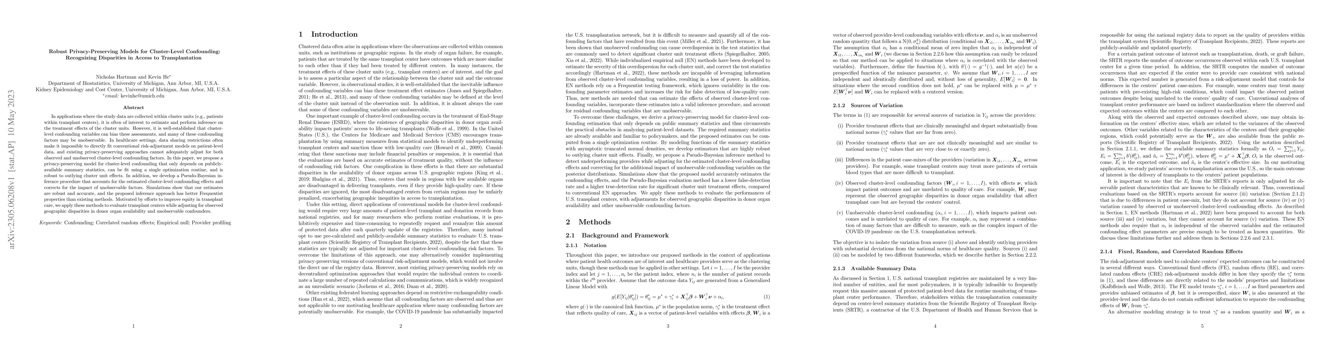 Thumbnail for Robust Privacy-Preserving Models for Cluster-Level Confounding:
  Recognizing Disparities in Access to Transplantation