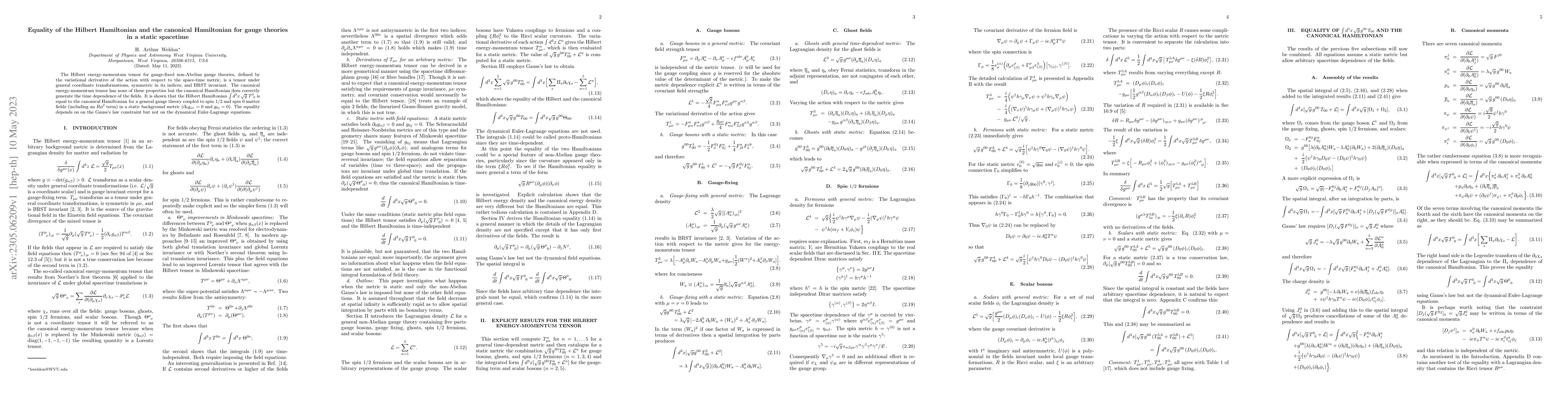 Thumbnail for Equality of the Hilbert Hamiltonian and the canonical Hamiltonian for
  gauge theories in a static spacetime