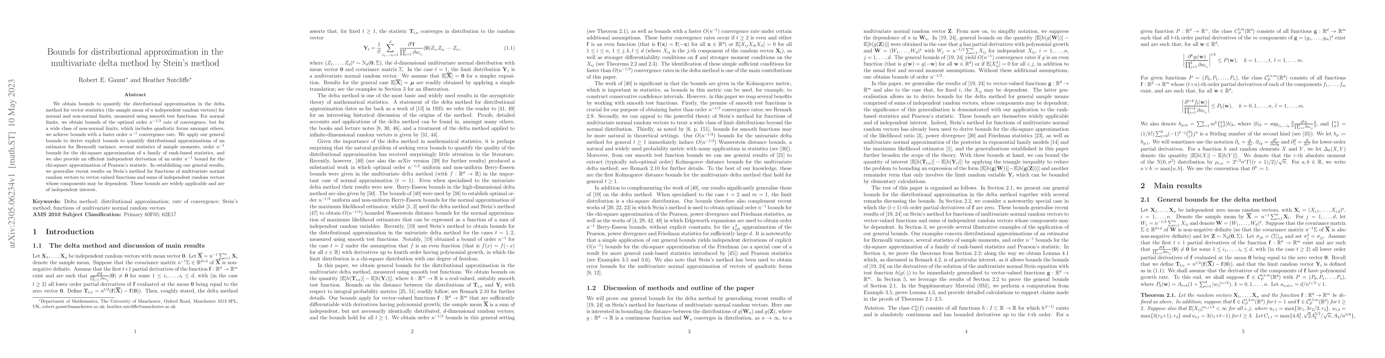 Thumbnail for Bounds for distributional approximation in the multivariate delta method
  by Stein's method