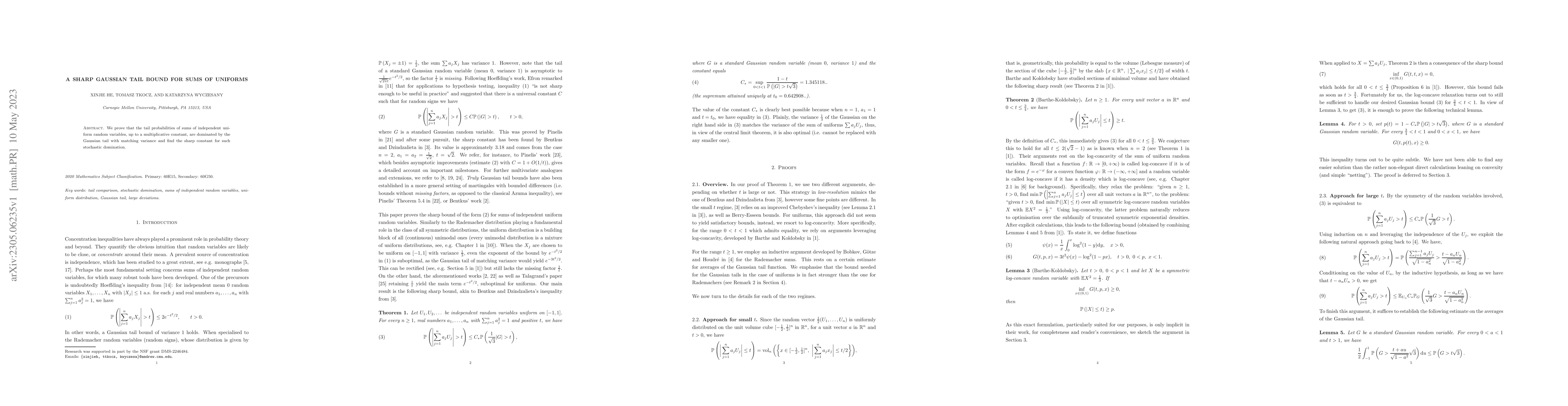 Thumbnail for A Sharp Gaussian Tail Bound for Sums of Uniforms