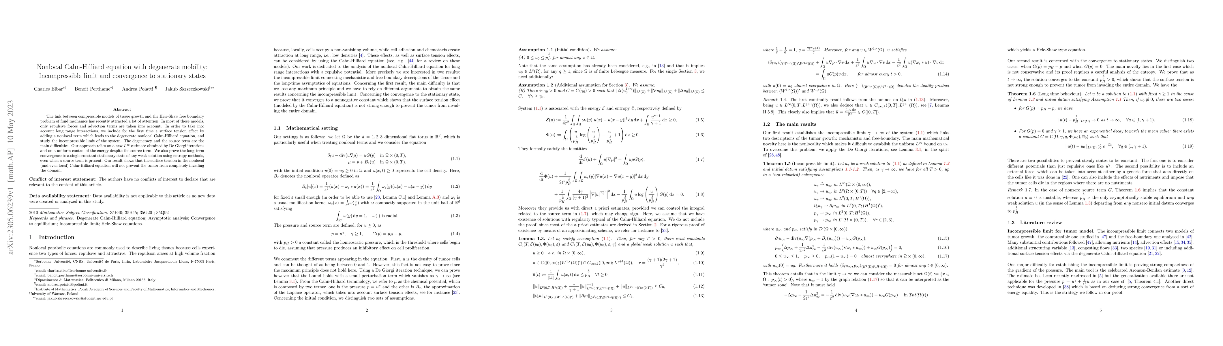 Thumbnail for Nonlocal Cahn-Hilliard equation with degenerate mobility: Incompressible
  limit and convergence to stationary states