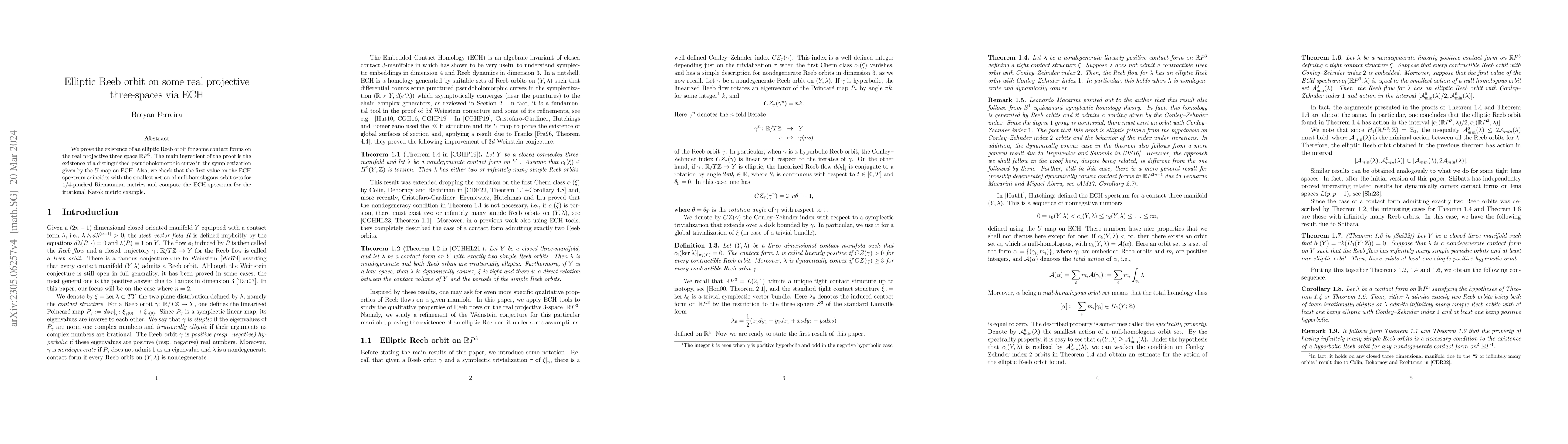 Thumbnail for Elliptic Reeb orbit on some real projective three-spaces via ECH