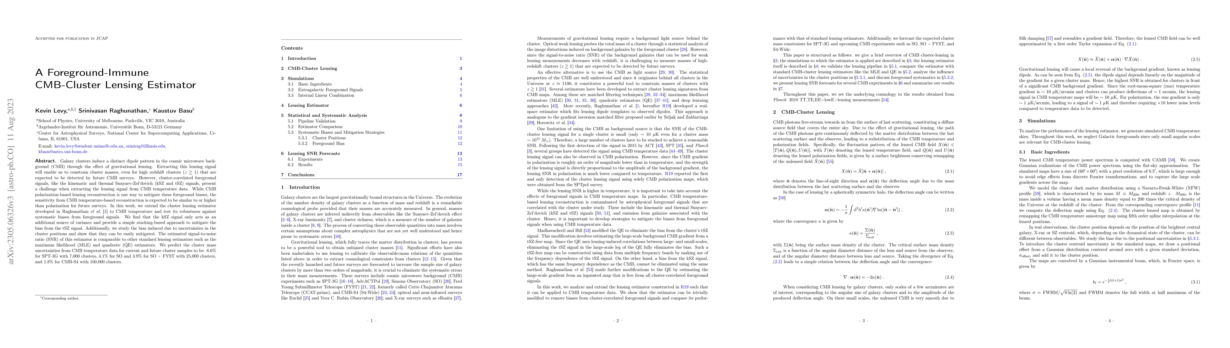 Thumbnail for A Foreground-Immune CMB-Cluster Lensing Estimator