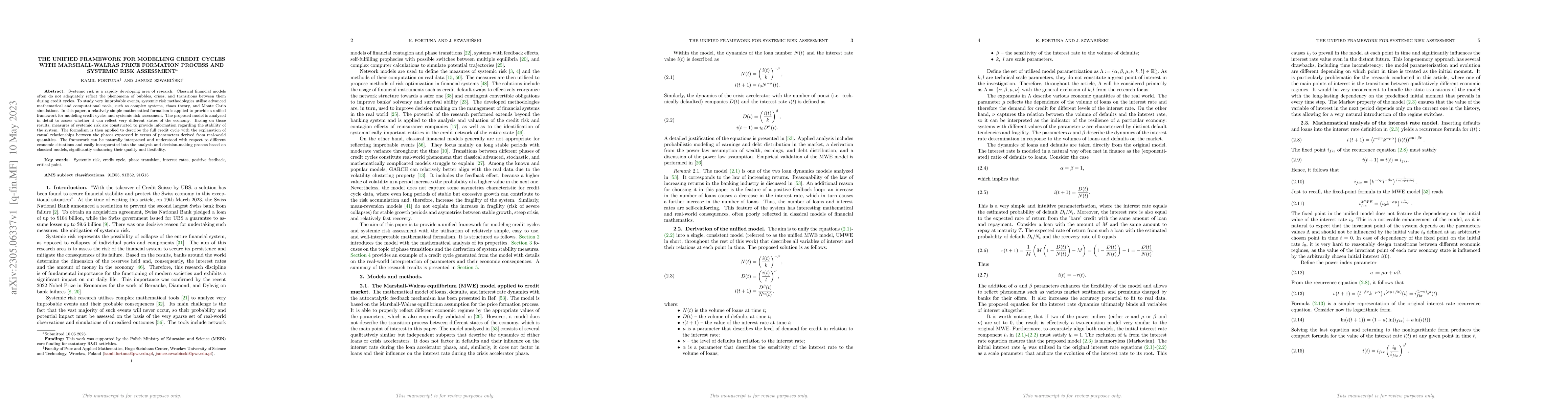 Thumbnail for The Unified Framework for Modelling Credit Cycles with Marshall-Walras
  Price Formation Process And Systemic Risk Assessment
