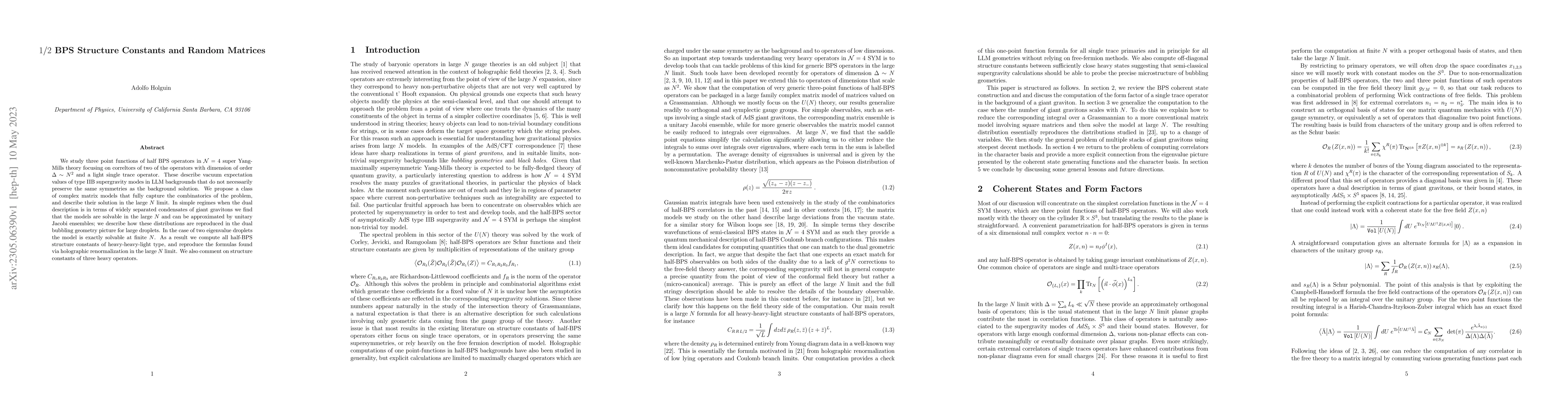 Thumbnail for $1/2$ BPS Structure Constants and Random Matrices