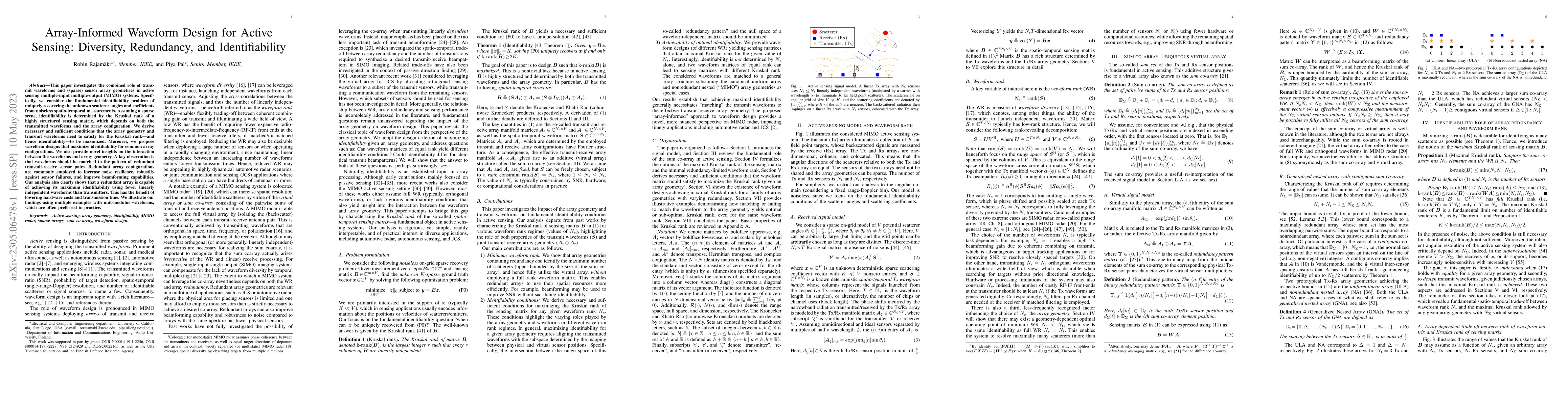 Thumbnail for Array-Informed Waveform Design for Active Sensing: Diversity,
  Redundancy, and Identifiability