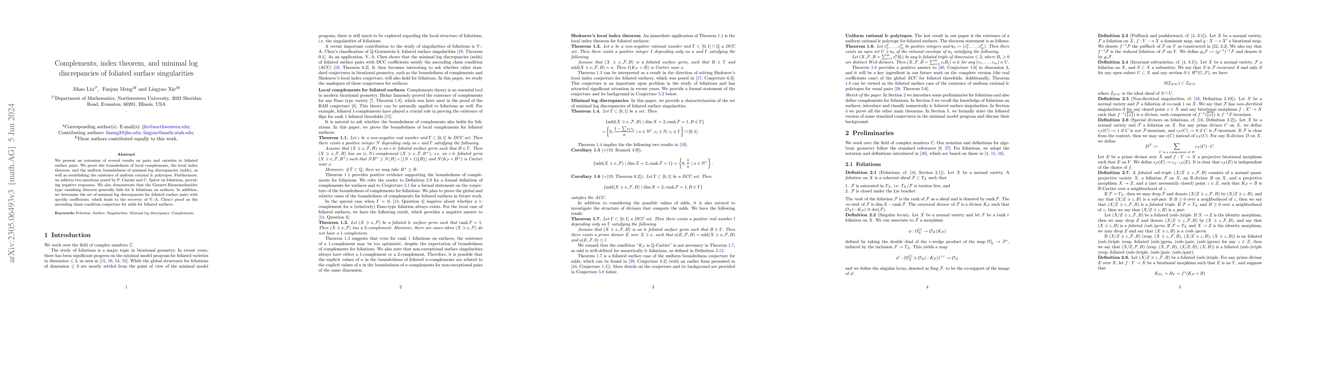 Thumbnail for Complements, index theorem, and minimal log discrepancies of foliated
  surface singularities