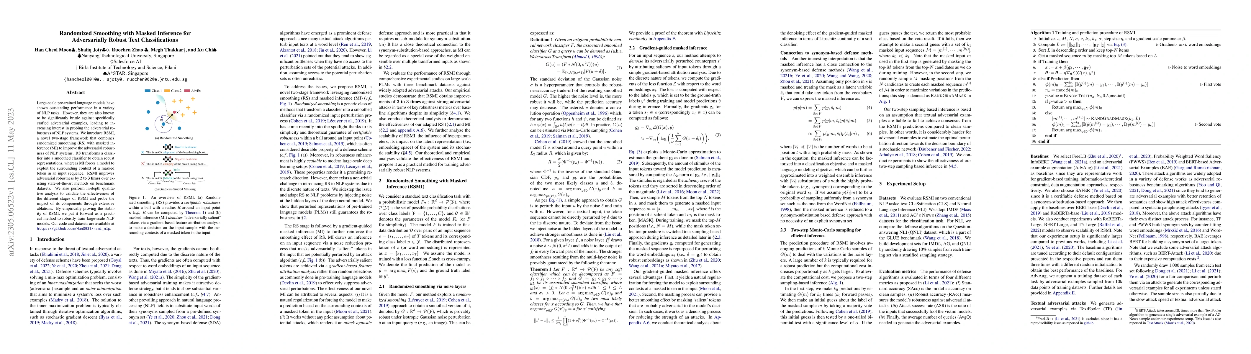 Thumbnail for Randomized Smoothing with Masked Inference for Adversarially Robust Text
  Classifications
