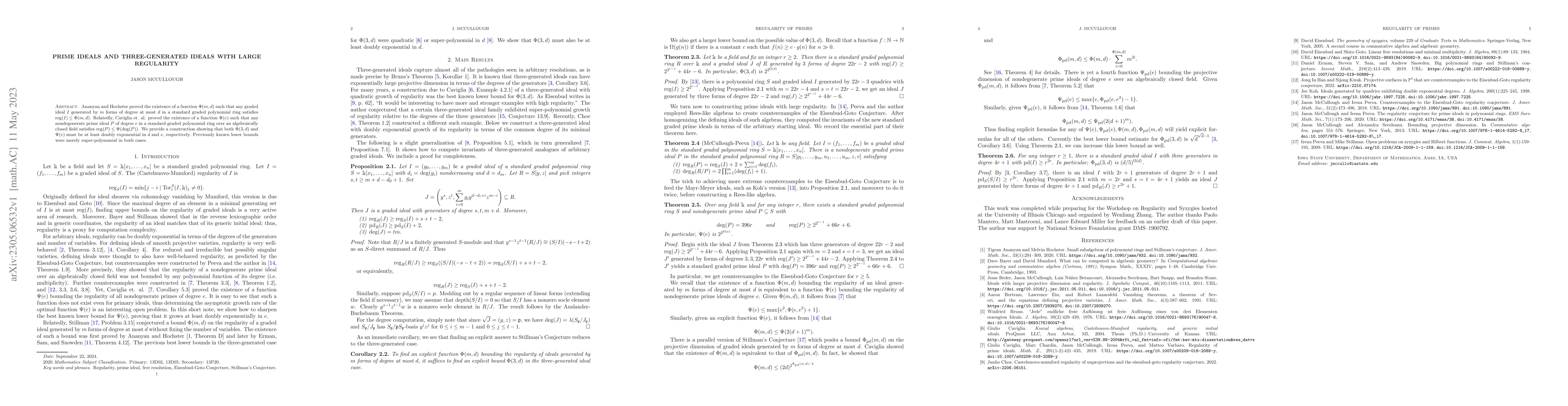 Thumbnail for Prime ideals and three-generated ideals with large regularity