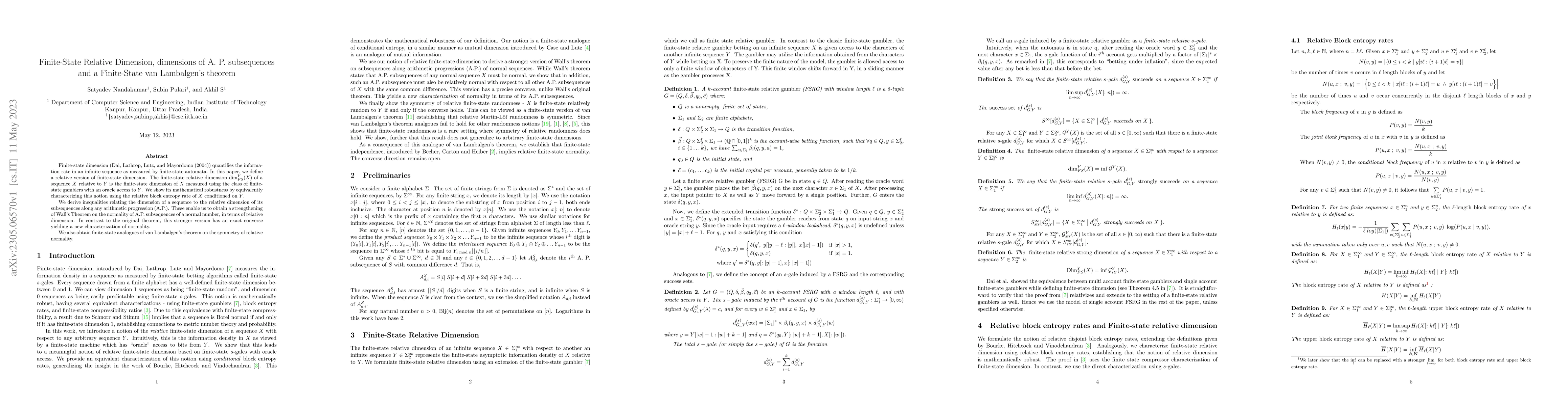 Thumbnail for Finite-State Relative Dimension, dimensions of A. P. subsequences and a
  Finite-State van Lambalgen's theorem