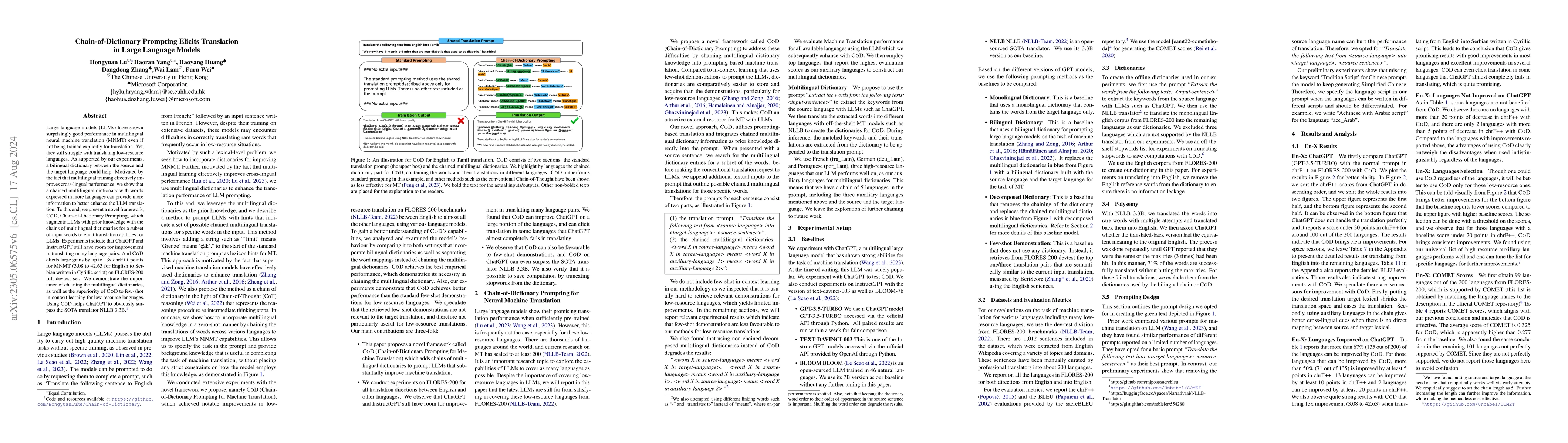 Thumbnail for Chain-of-Dictionary Prompting Elicits Translation in Large Language
  Models