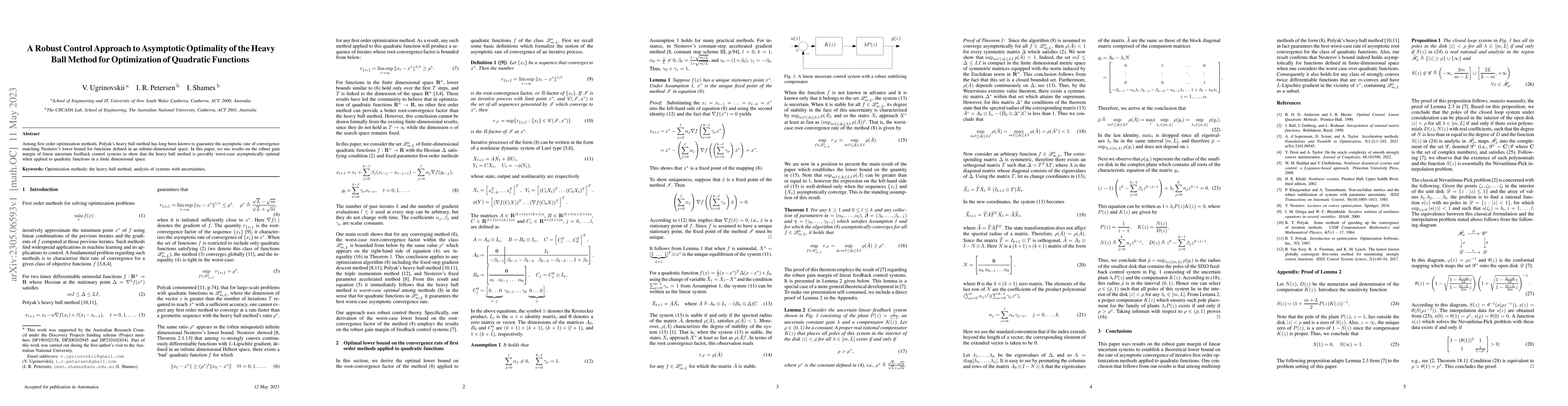 Thumbnail for A Robust Control Approach to Asymptotic Optimality of the Heavy Ball
  Method for Optimization of Quadratic Functions