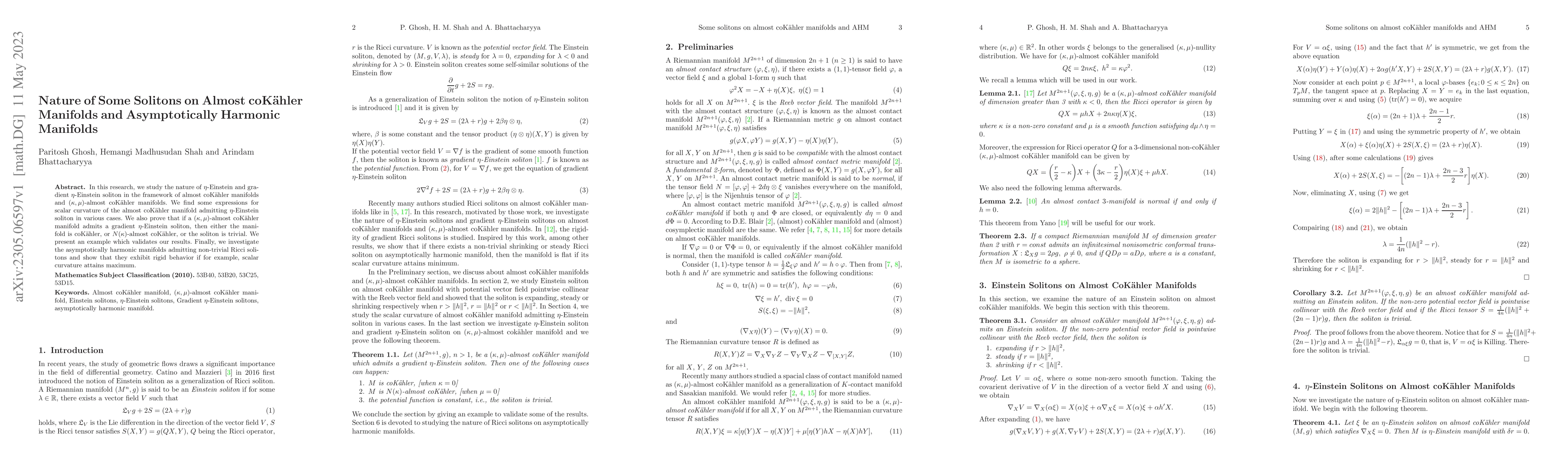 Thumbnail for Nature of Some Solitons on Almost coK\"{a}hler Manifolds and
  Asymptotically Harmonic Manifolds