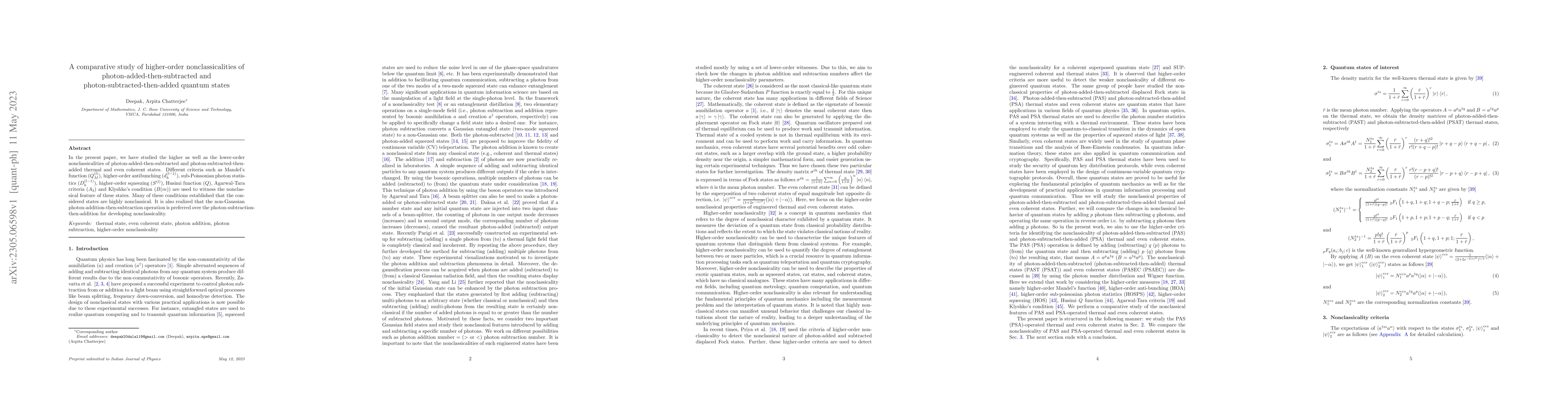 Thumbnail for A comparative study of higher-order nonclassicalities of
  photon-added-then-subtracted and photon-subtracted-then-added quantum states