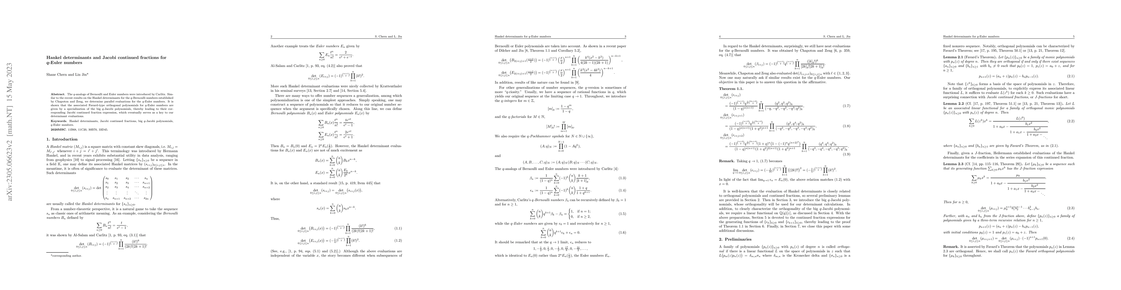 Thumbnail for Hankel determinants and Jacobi continued fractions for $q$-Euler numbers