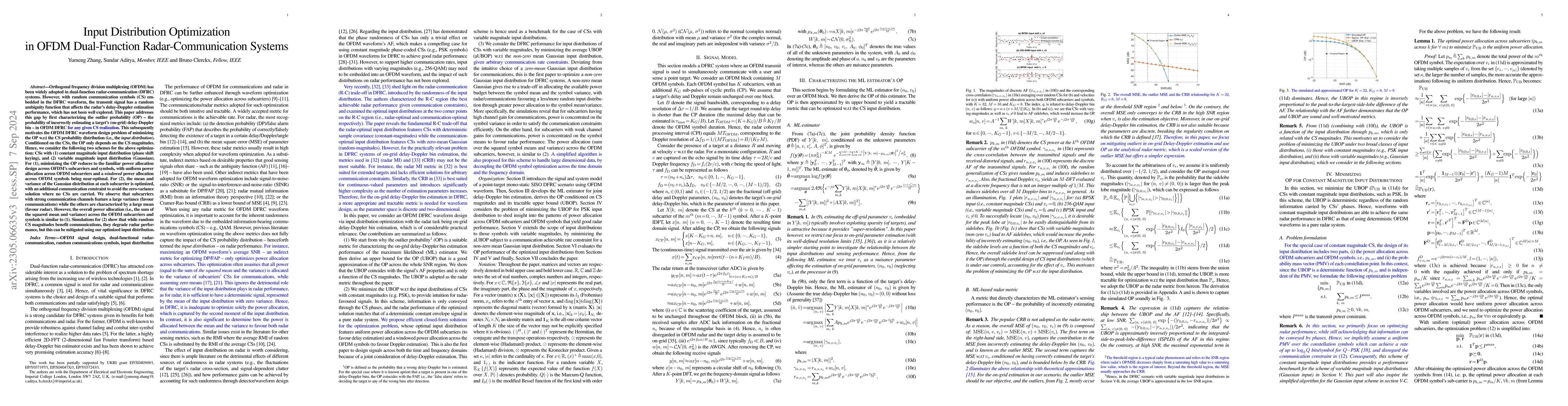 Thumbnail for Input Distribution Optimization in OFDM Dual-Function
  Radar-Communication Systems