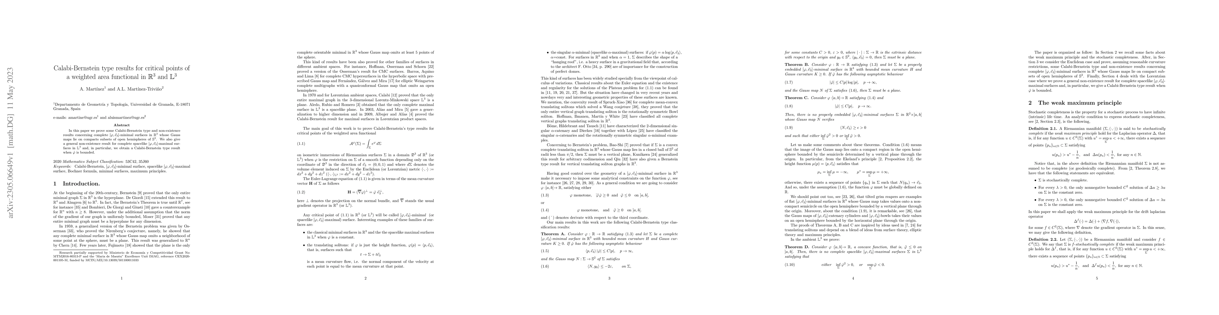 Thumbnail for Calabi-Bernstein type results for critical points of a weighted area
  functional in $\mathbb{R}^{3}$ and $\mathbb{L}^{3}$