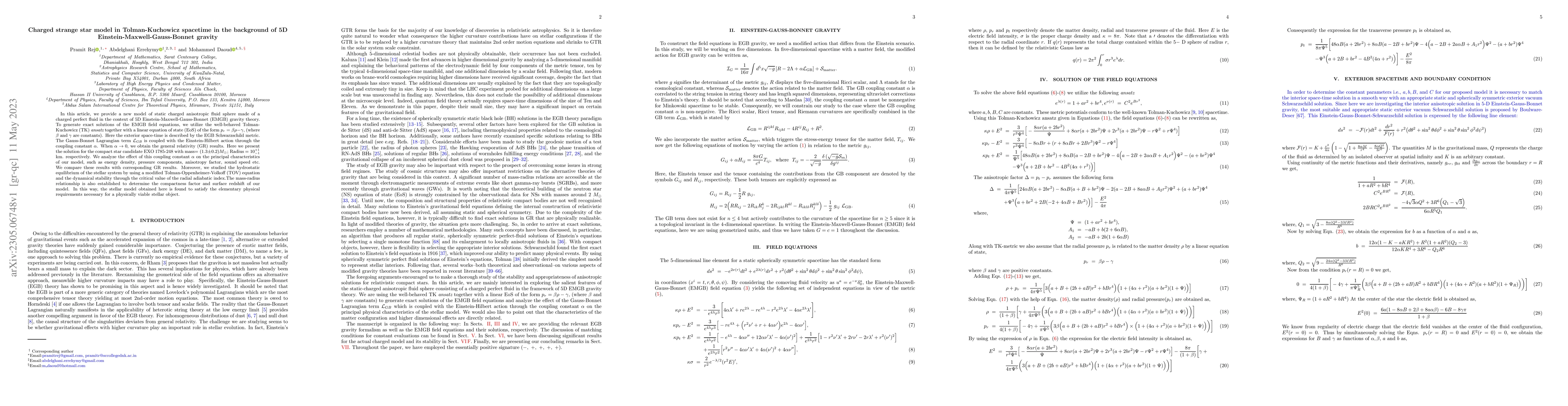 Thumbnail for Charged strange star model in Tolman-Kuchowicz spacetime in the
  background of 5D Einstein-Maxwell-Gauss-Bonnet gravity