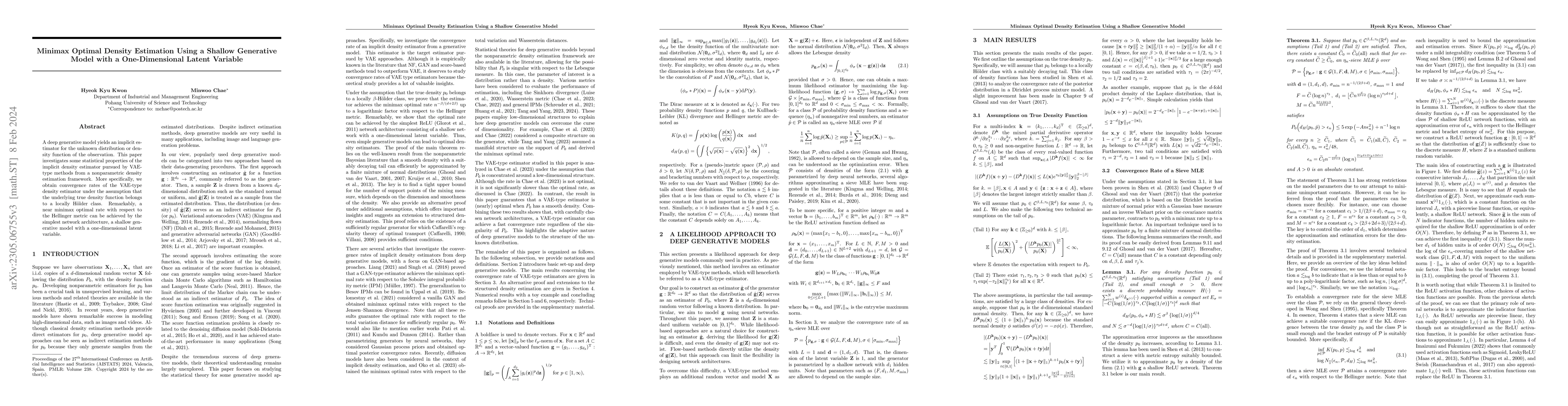 Thumbnail for Minimax optimal density estimation using a shallow generative model with
  a one-dimensional latent variable
