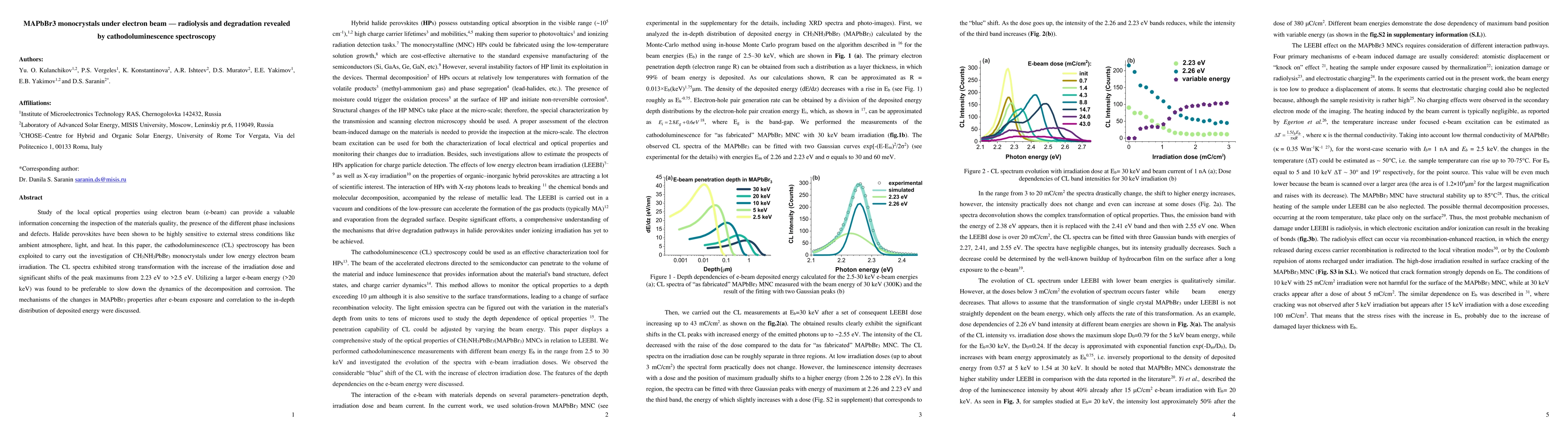 Thumbnail for MAPbBr3 monocrystals under electron beam radiolysis and degradation
  revealed by cathodoluminescence spectroscopy