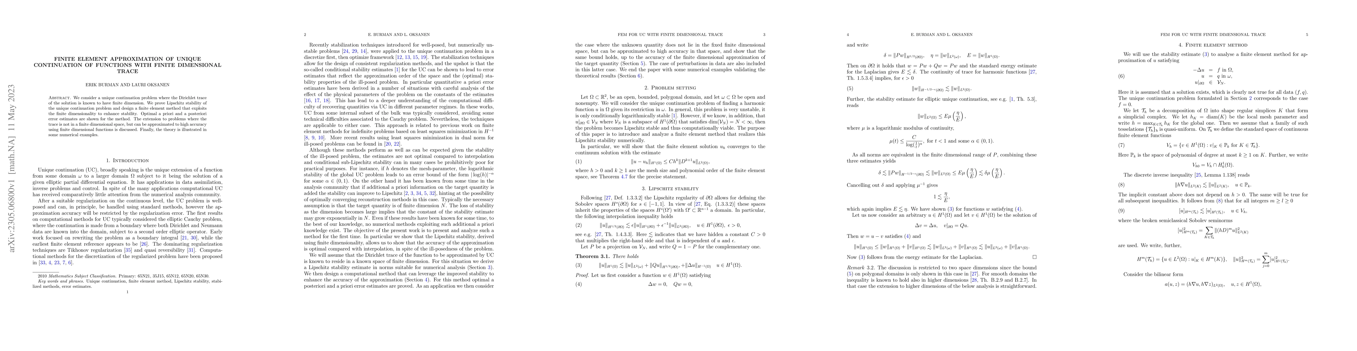 Thumbnail for Finite element approximation of unique continuation of functions with
  finite dimensional trace