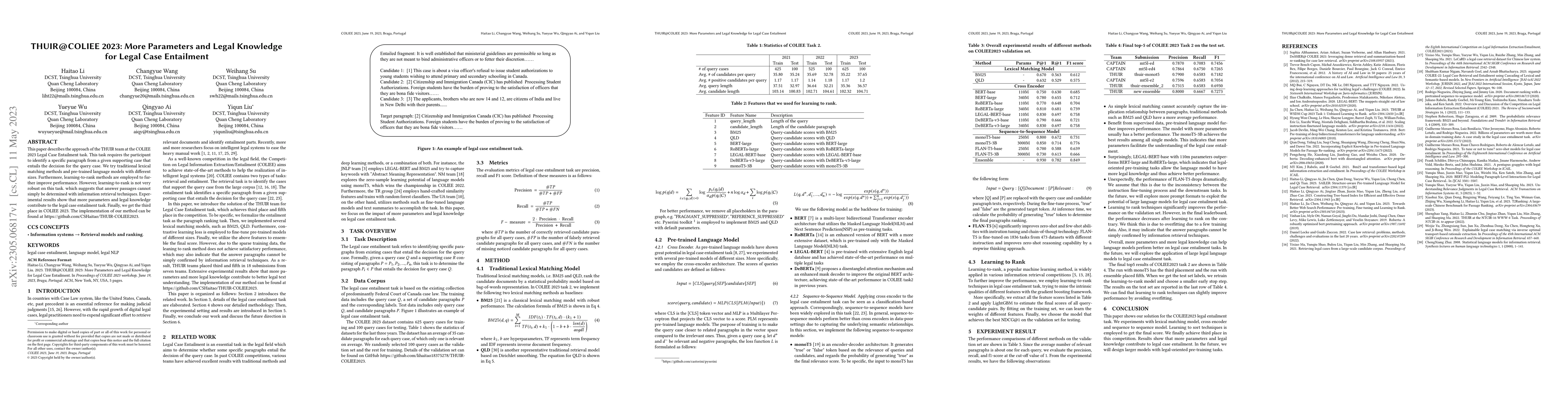 Thumbnail for THUIR@COLIEE 2023: More Parameters and Legal Knowledge for Legal Case
  Entailment