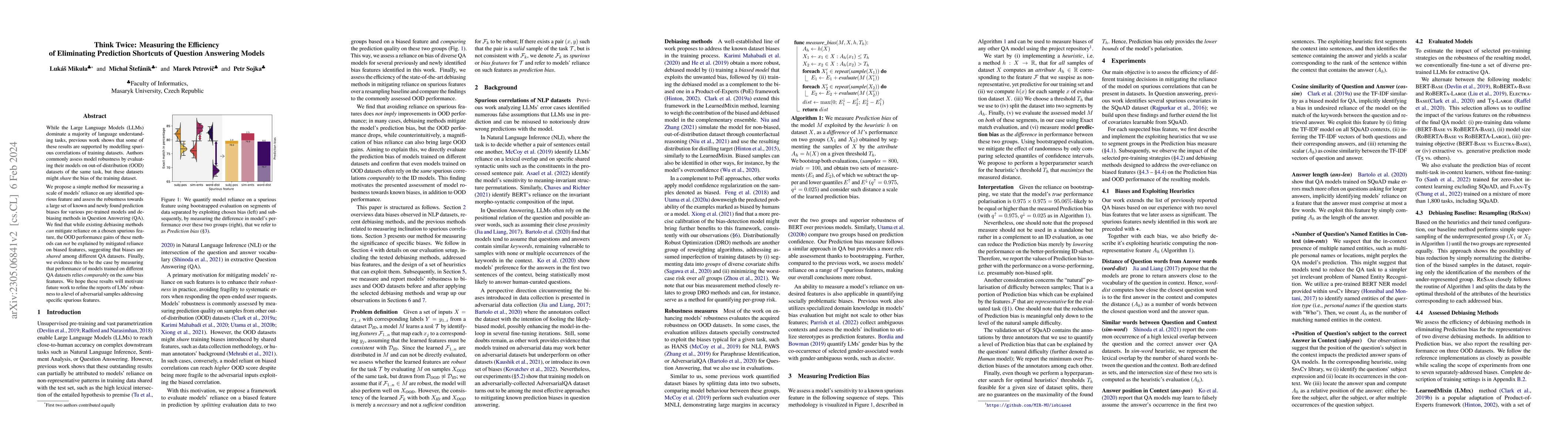Thumbnail for Think Twice: Measuring the Efficiency of Eliminating Prediction
  Shortcuts of Question Answering Models