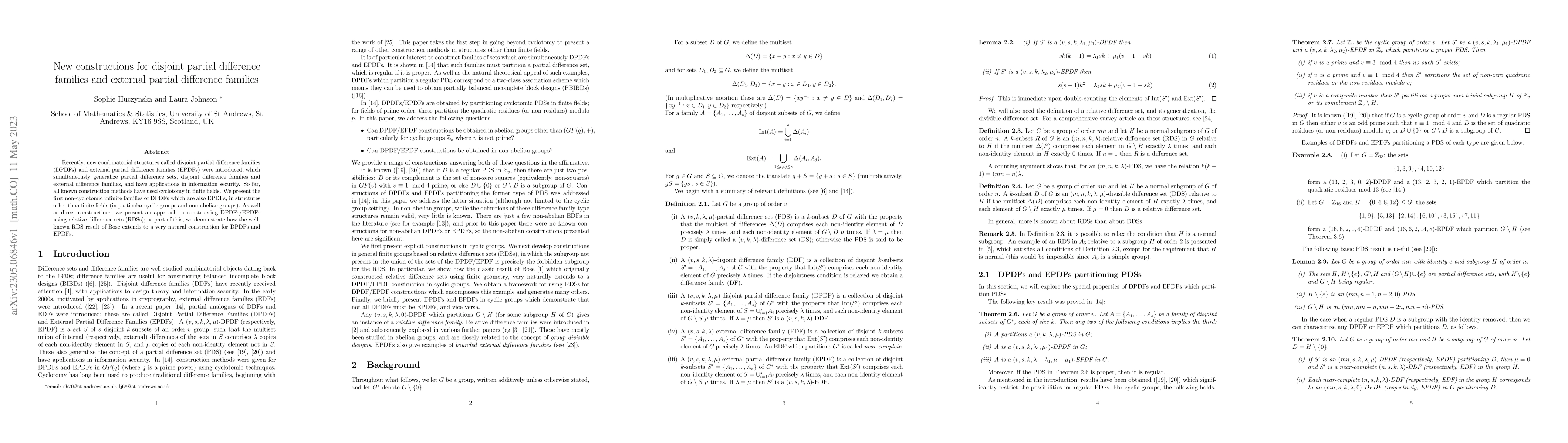 Thumbnail for New constructions for disjoint partial difference families and external
  partial difference families