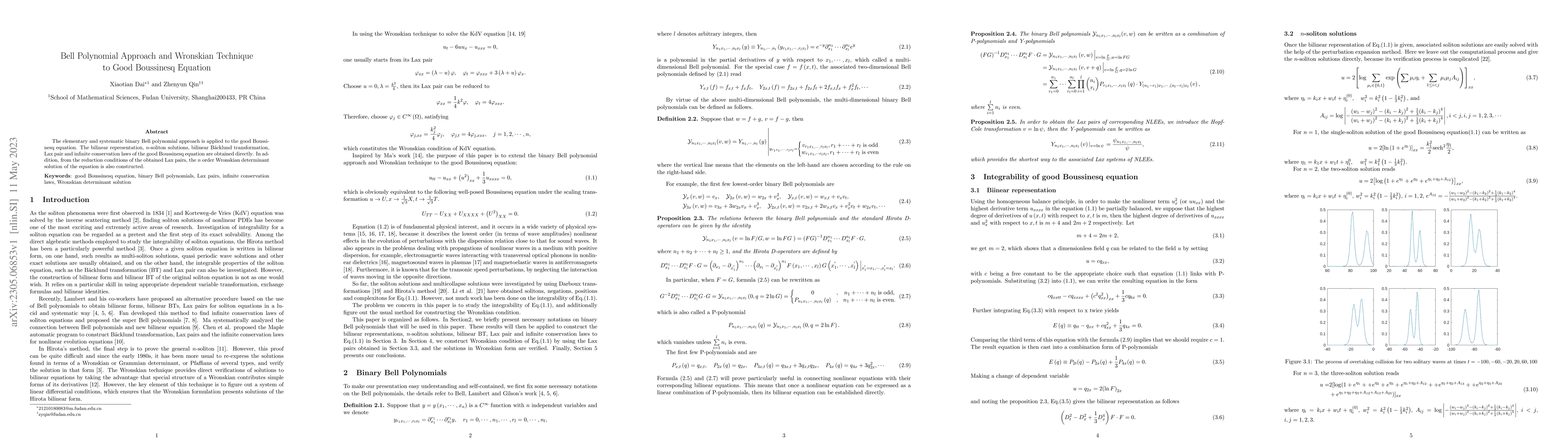 Thumbnail for Bell Polynomial Approach and Wronskian Technique to Good Boussinesq
  Equation