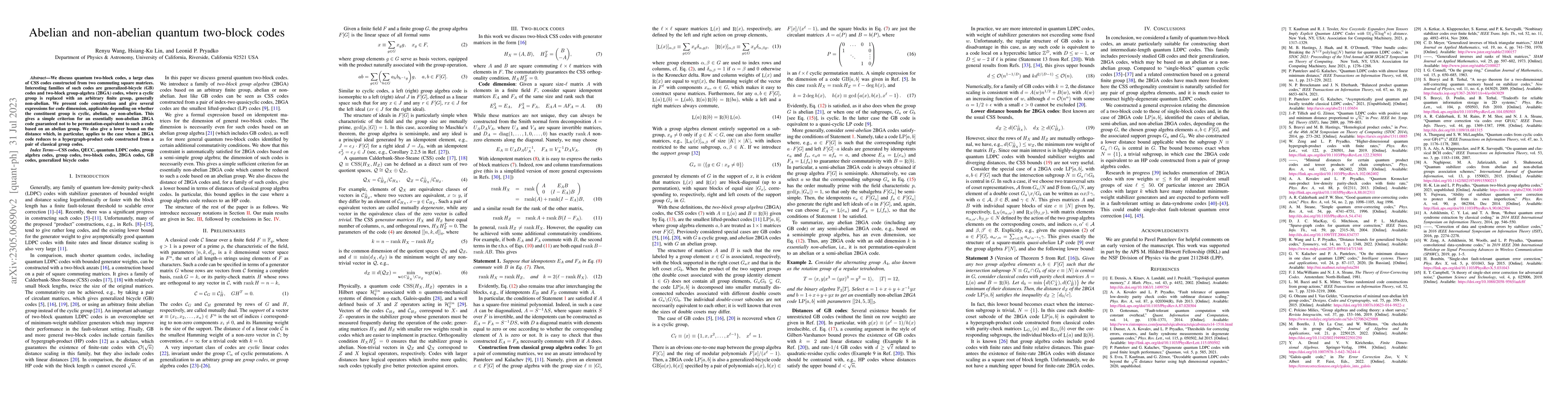 Thumbnail for Abelian and non-abelian quantum two-block codes