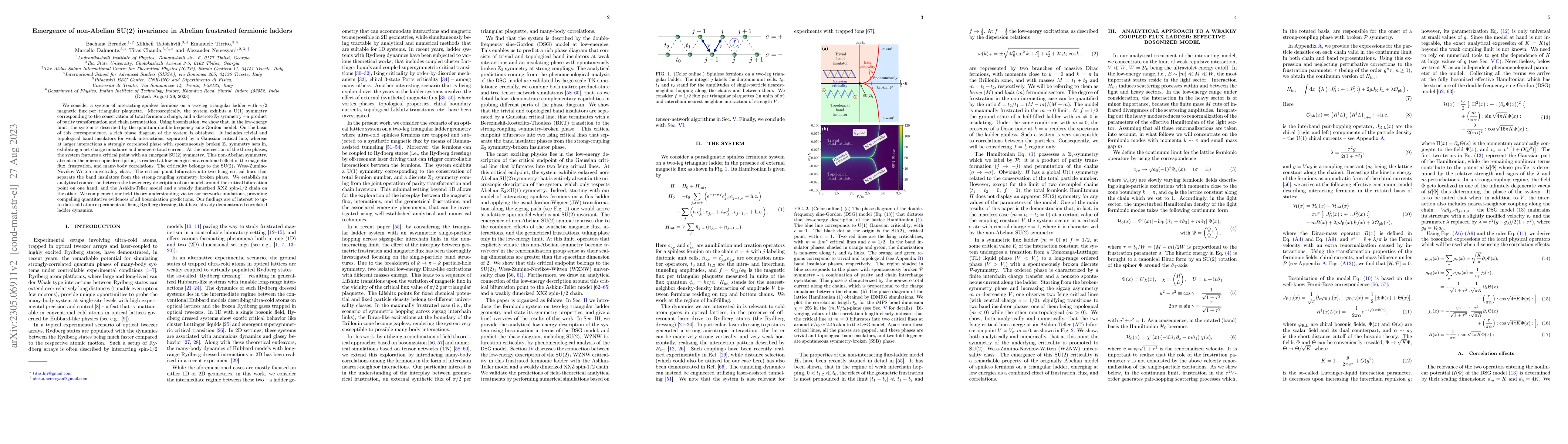 Thumbnail for Emergence of non-Abelian SU(2) invariance in Abelian frustrated
  fermionic ladders