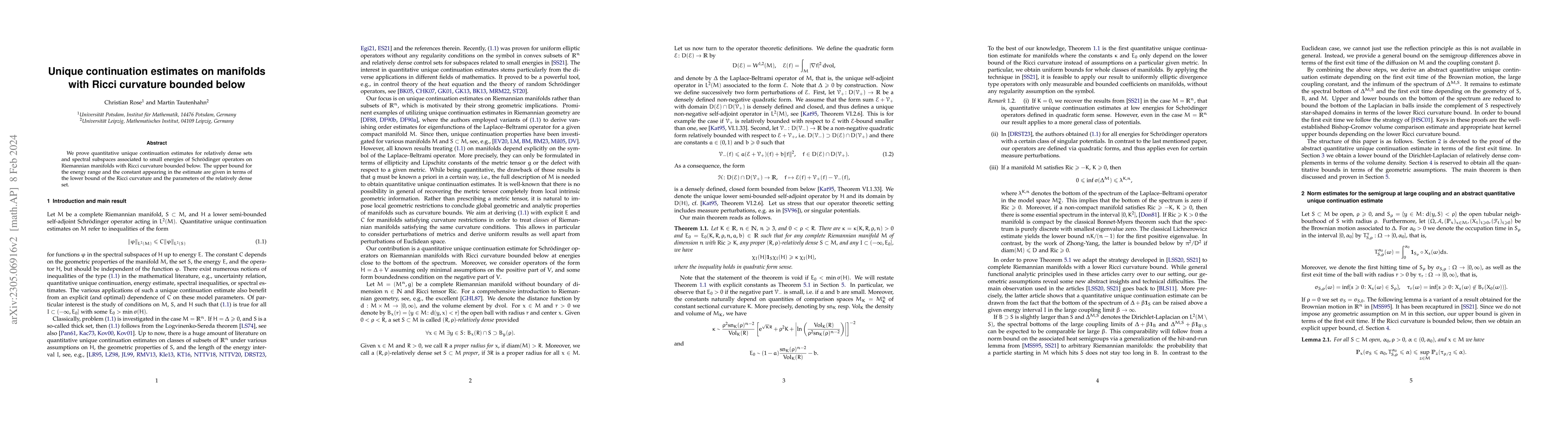 Thumbnail for Unique continuation estimates on manifolds with Ricci curvature bounded
  below