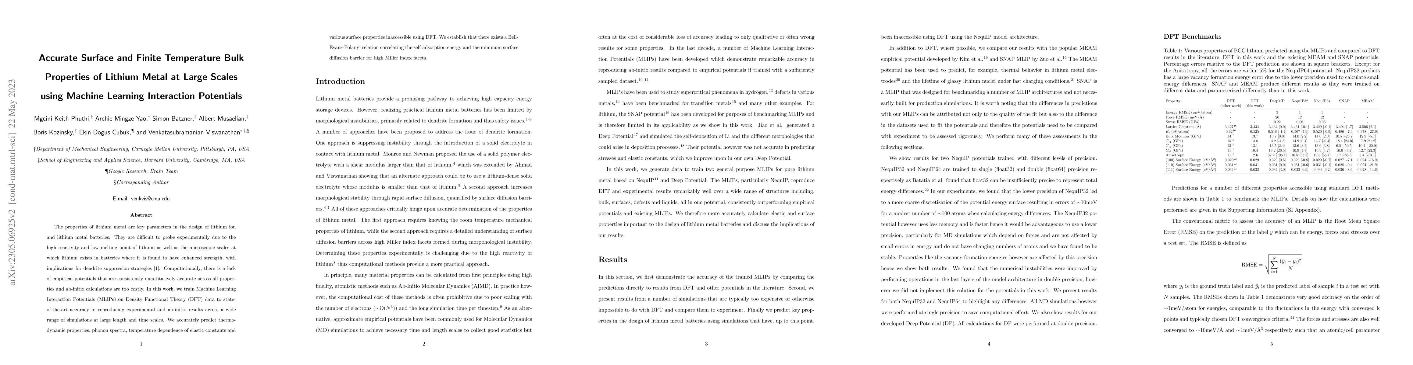 Thumbnail for Accurate Surface and Finite Temperature Bulk Properties of Lithium Metal
  at Large Scales using Machine Learning Interaction Potentials